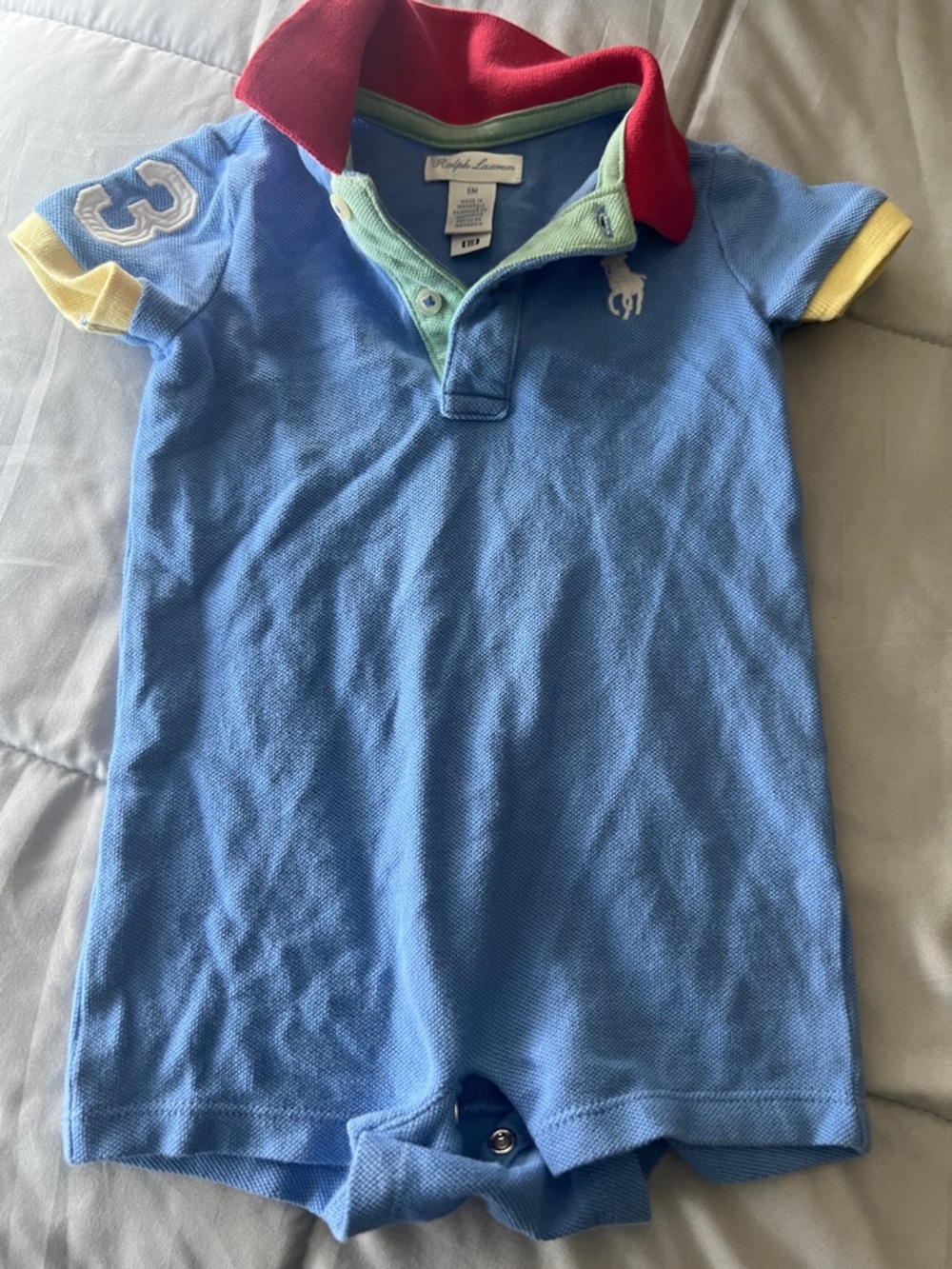 Ralph Lauren Blue Baby Polo Romper with Red Collar